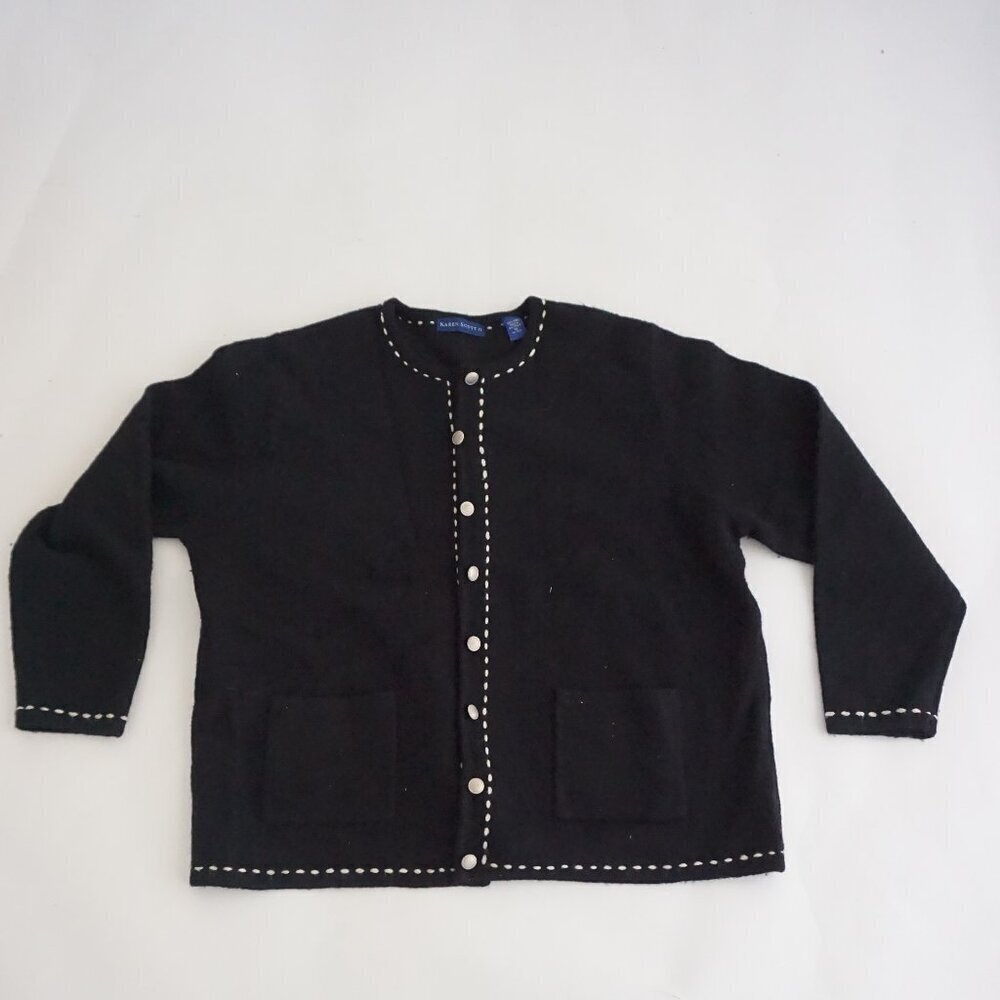Vintage Karen Scott Black Wool Whipstitch Knit Pocketed Grandmacore Cardigan 1X